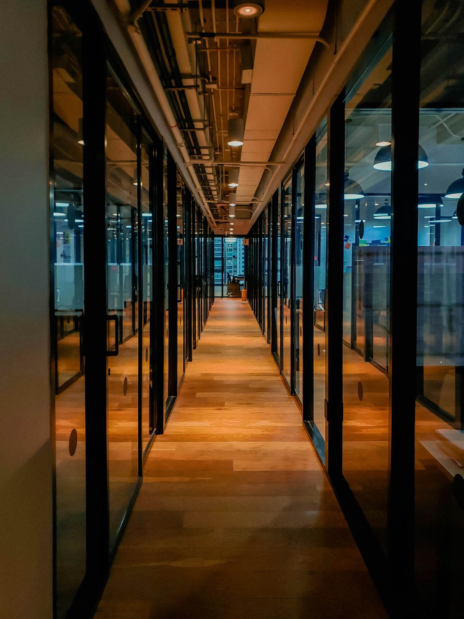 Corridor of a modern office at dusk