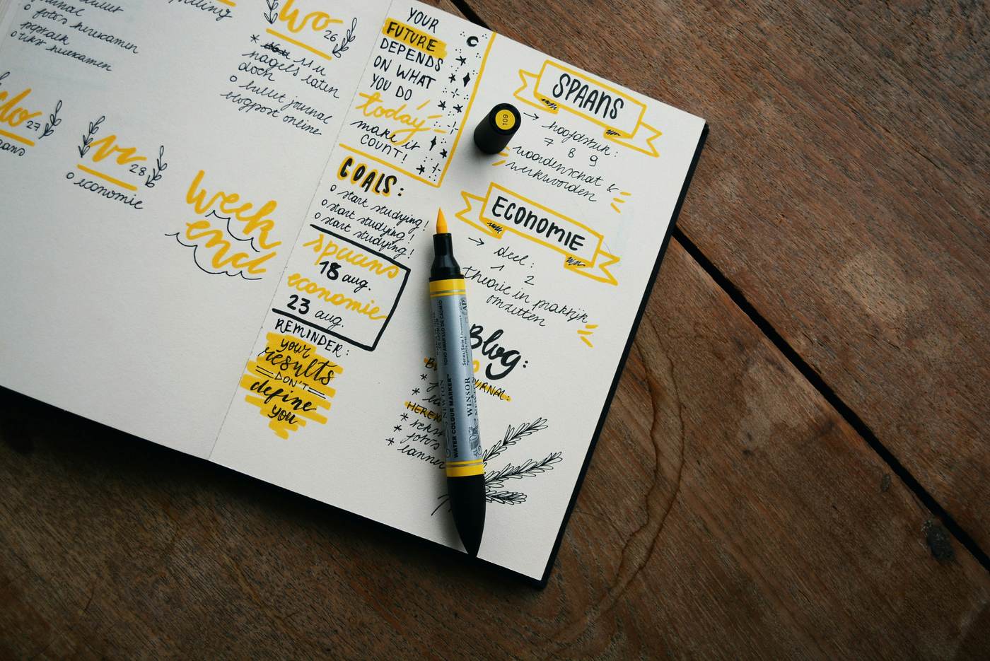 Planning journal with handwritten notes and goals